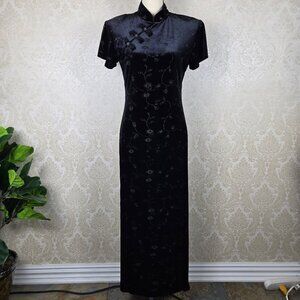 Dawn Joy Size 9/10 Black Velvet Asian Inspired Maxi Dress Floral Pattern Sparkle